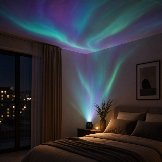 Aurora-Projektor mit Musik im Schlafzimmer mit ruhigem Deckenlicht