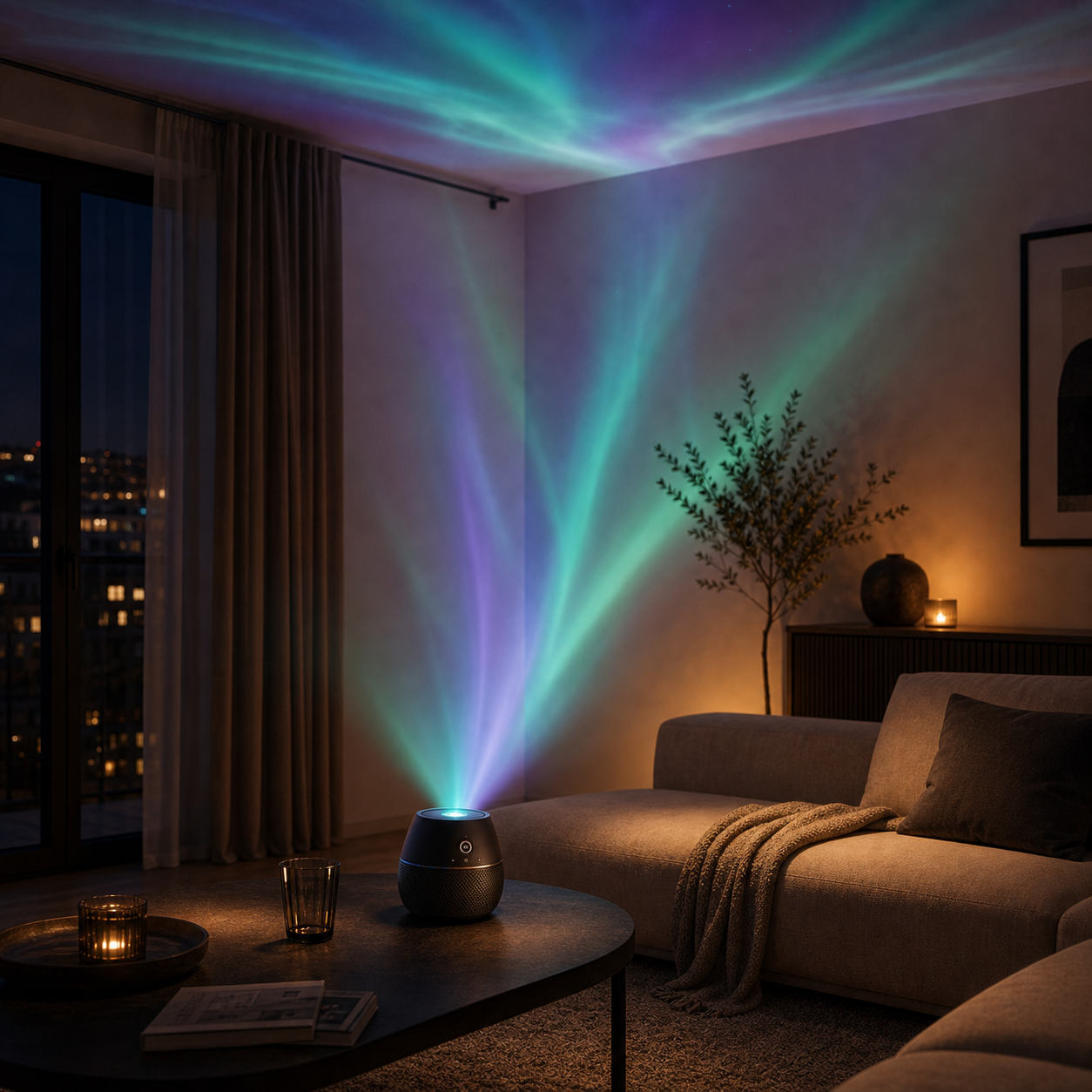 Aurora-Projektor mit Musik im Wohnzimmer mit farbiger Wandprojektion