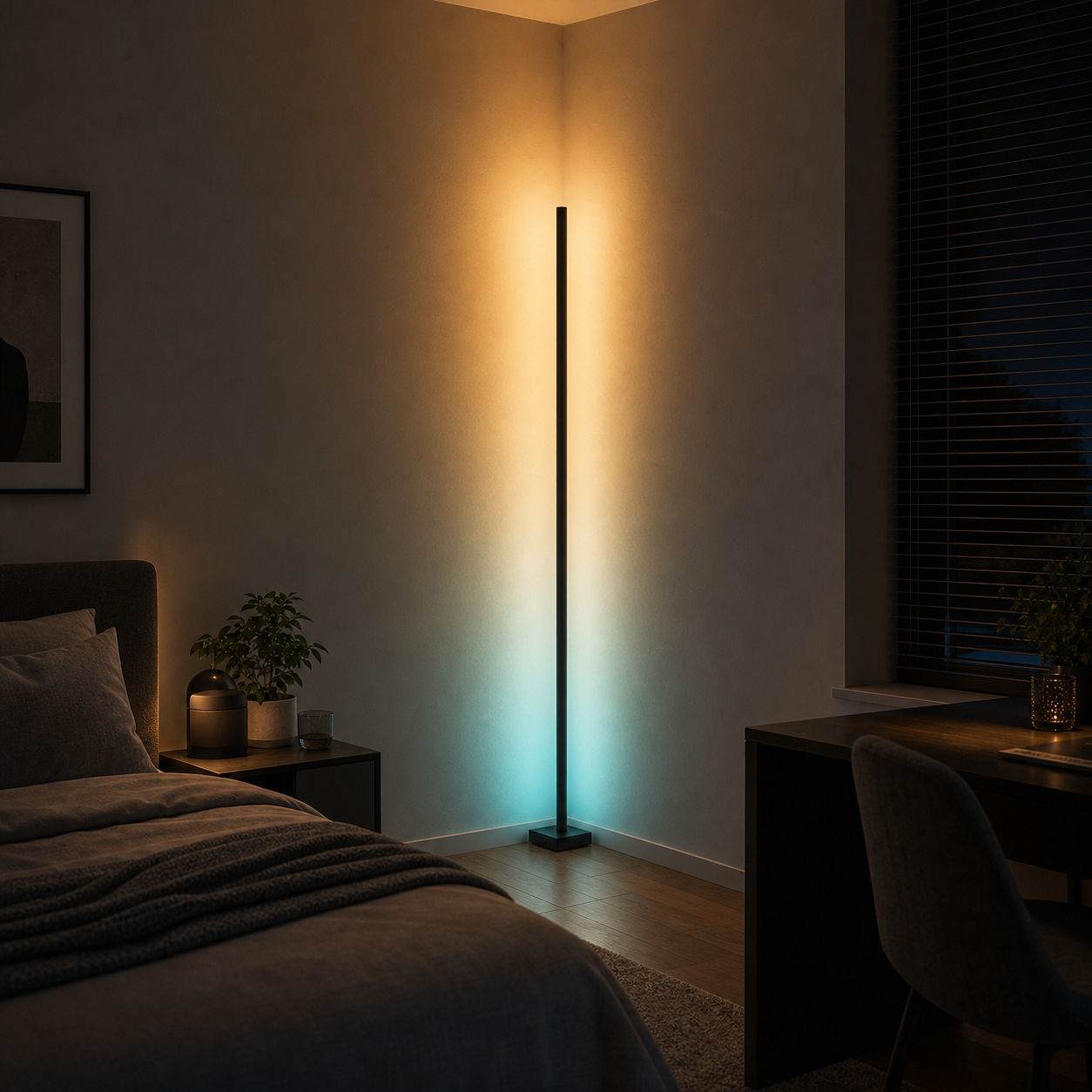 Corner Glow RGB Eck-Stehlampe im Schlafzimmer mit ruhiger Abendstimmung