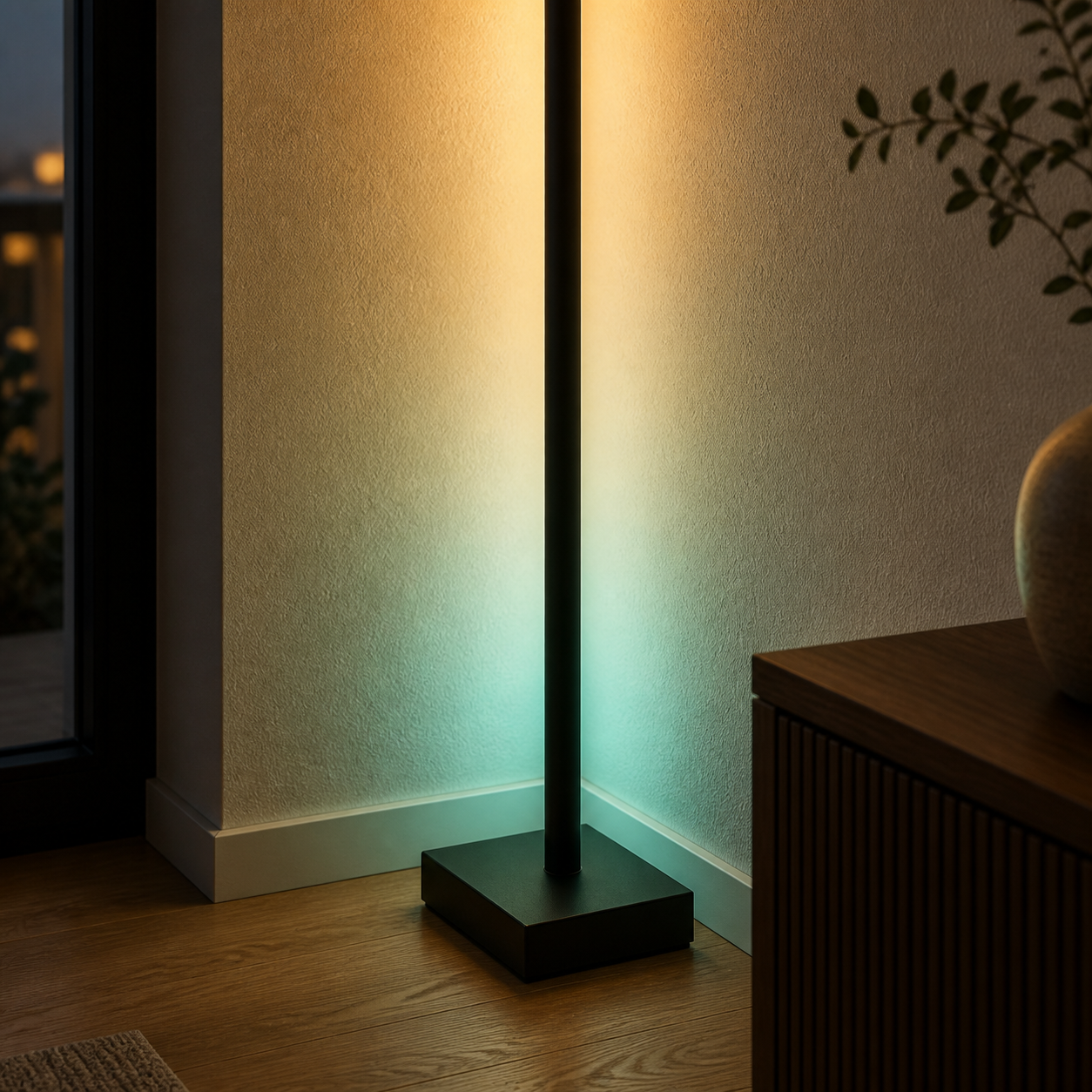 Corner Glow RGB Eck-Stehlampe Detail mit schmalem Standfuss und Wandlicht