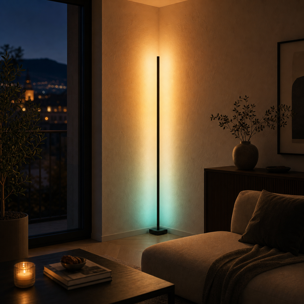 Corner Glow RGB Eck-Stehlampe in modernem Wohnzimmer mit warmem Wandlicht