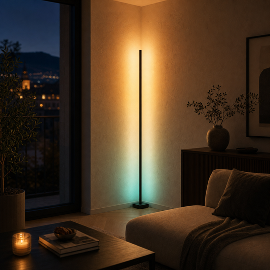 Corner Glow RGB Eck-Stehlampe in modernem Wohnzimmer mit warmem Wandlicht
