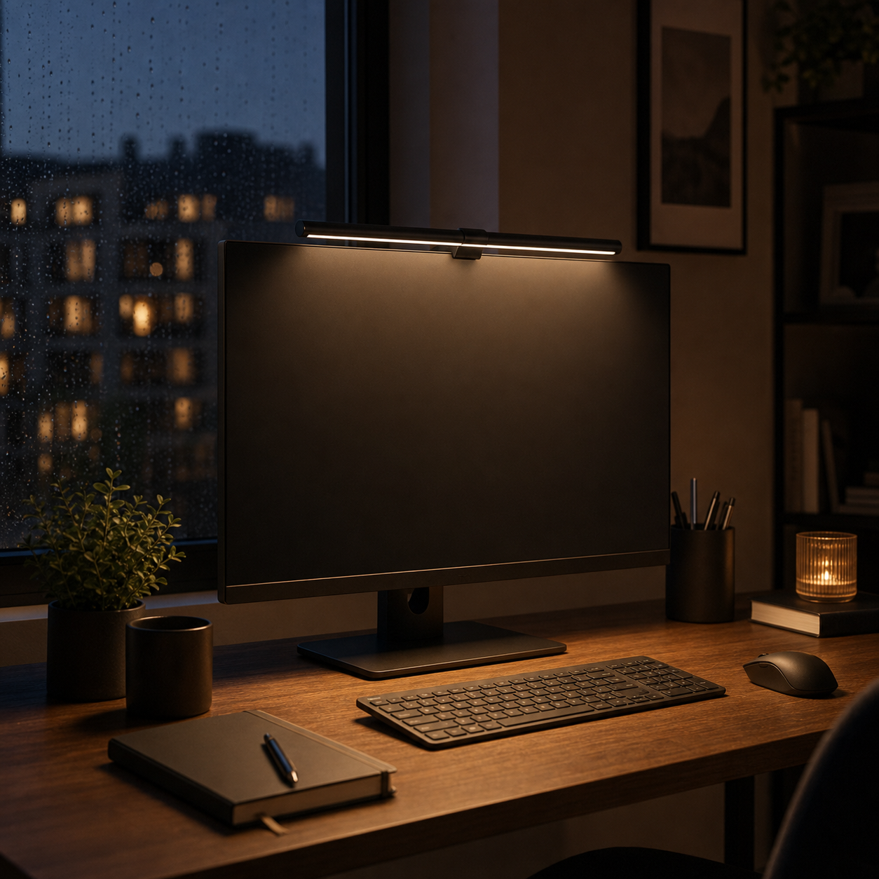 LumaBar Monitor-Lichtleiste bei Nacht mit warmem Desk Glow
