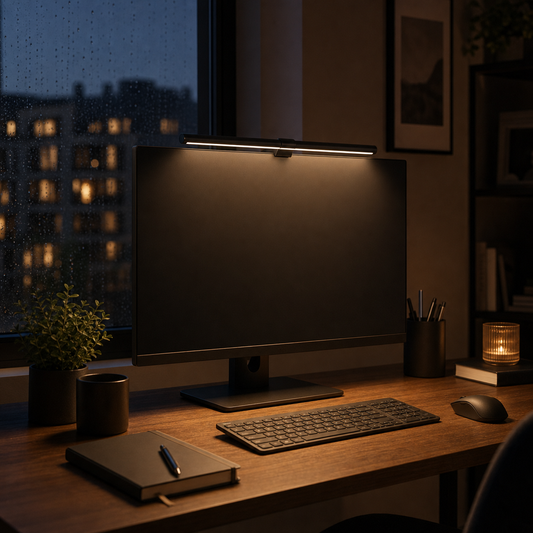 LumaBar Monitor-Lichtleiste bei Nacht mit warmem Desk Glow