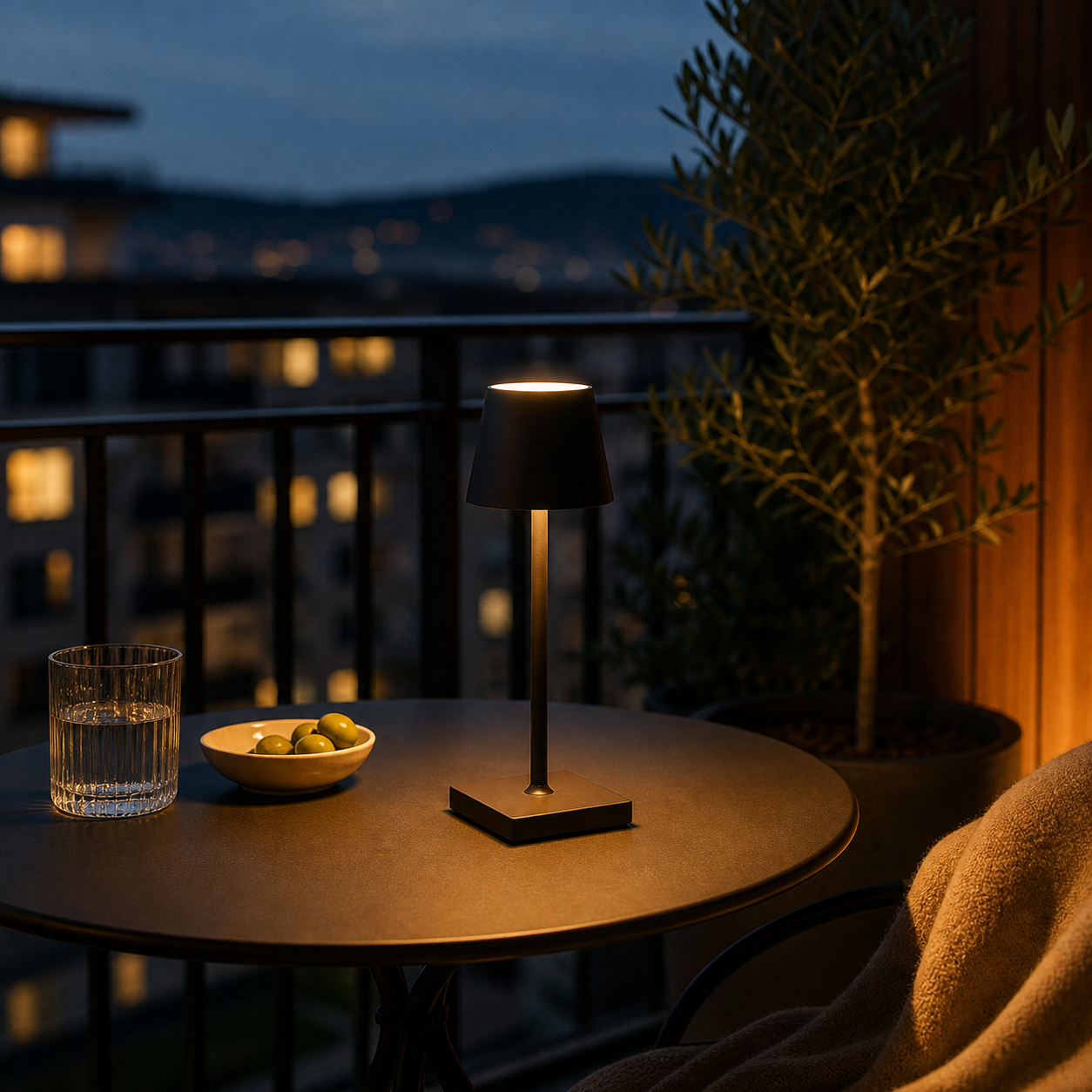 LumaTap Akku-Tischlampe auf modernem Balkon bei Abendstimmung