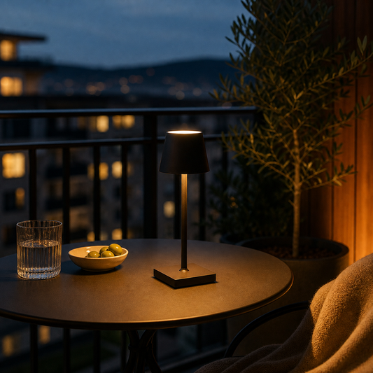 LumaTap Akku-Tischlampe auf modernem Balkon bei Abendstimmung