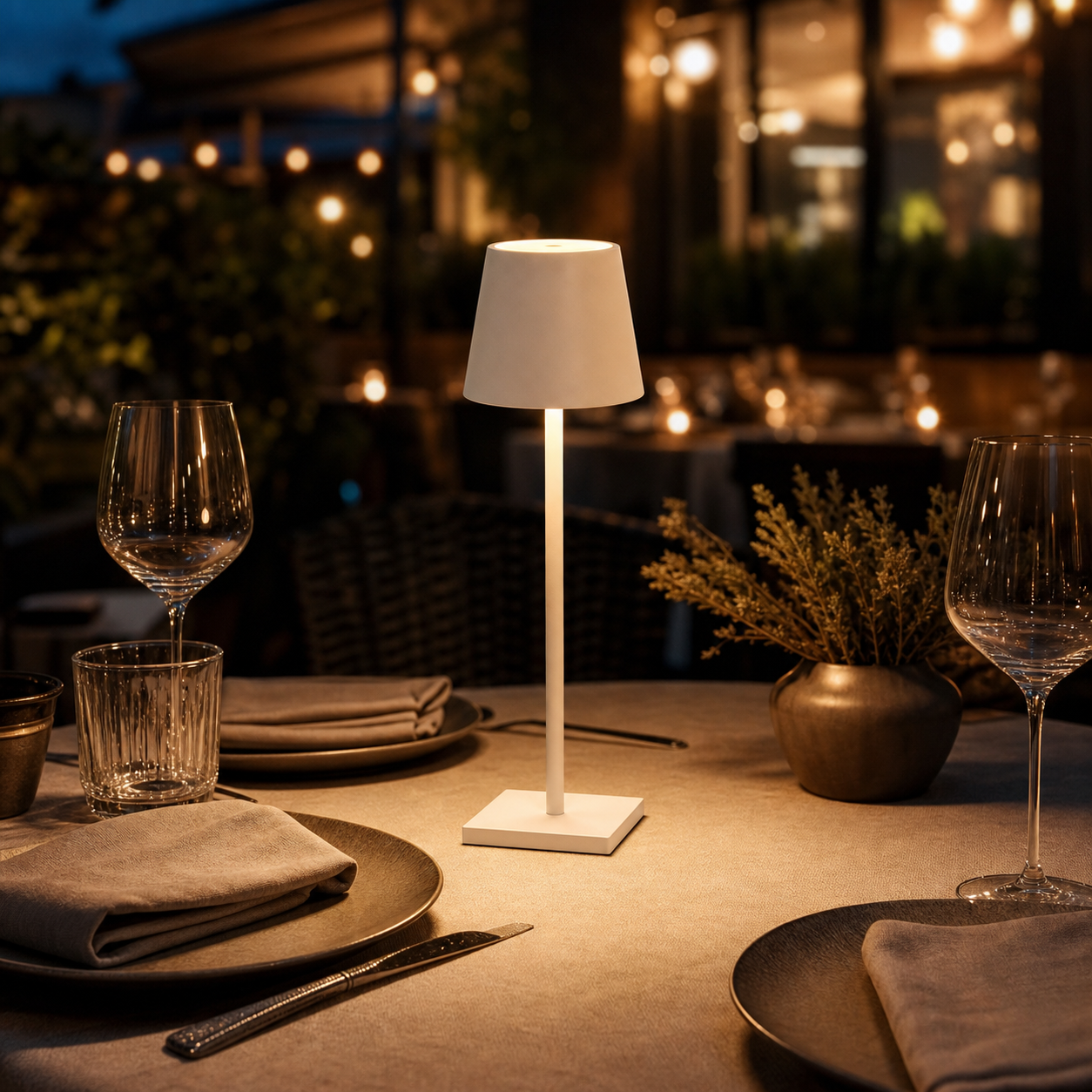 LumaTap Akku-Tischlampe auf gedecktem Restauranttisch mit warmem Licht
