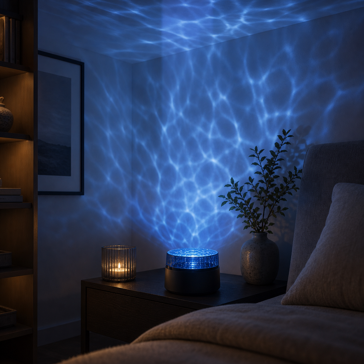 Wasserwellen-Projektor im Schlafzimmer mit blauem Ocean-Wave-Licht