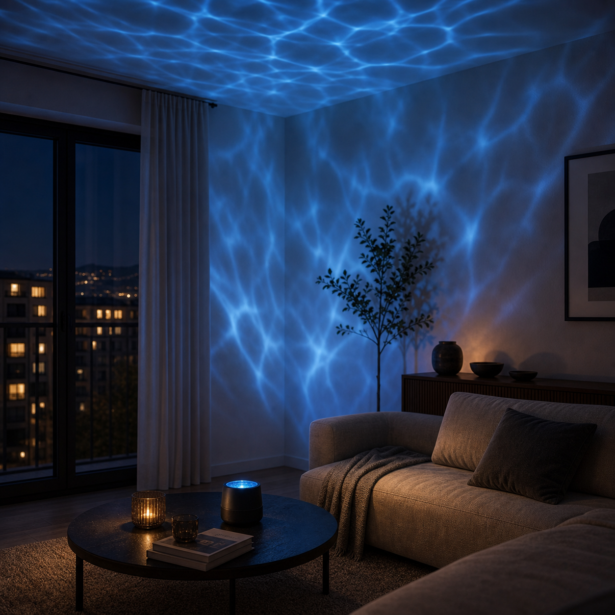 Wasserwellen-Projektor im Wohnzimmer mit beruhigender Wasserlicht-Projektion